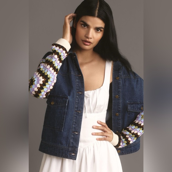 Anthropologie Jackets & Blazers - Anthropologie Crochet-Sleeve Denim Jacket in Denim Dark Size S NWT